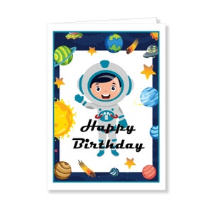 Cute Birthday Card with a Cartoon Astronaut on the front. Inside of the Card has an Astronaut Coloring Book Page. Finish Size 5x7 Folded