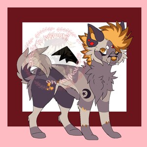 May include: A digital illustration of a stylized canine creature with a mix of colors including gray, purple, and orange. The creature has a crescent moon and star symbol on its side and a black wing. The background is a pink frame.