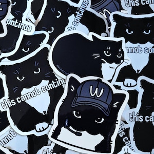 Peut inclure: Une collection d'autocollants de chats noirs et blancs avec le texte "this cannot continue" et "this cannot go". Les autocollants représentent un chat portant une casquette de baseball avec un "W" dessus.