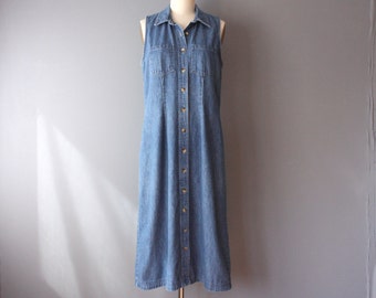 vintage 90s dress / denim shirtdress / sleeveless collar dress / medium / d35