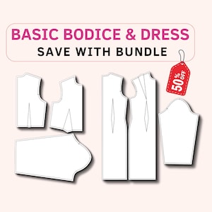 May include: A set of sewing patterns for a basic bodice and dress. The patterns are printed on white paper and include instructions for cutting and sewing. The image also includes a red tag with the text "50% OFF".