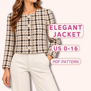May include: A beige and black plaid tweed jacket with long sleeves, a round neckline, and four light-coloured buttons down the front. The image includes text that reads ELEGANT JACKET, US 0-16, and PDF PATTERN in pink boxes on the right side.