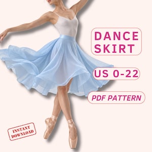 以下が含まれることがあります： 流れるようなレイヤードデザインのライトブルーのダンススカート。画像には「DANCE SKIRT」、「US 0-22」、「PDF PATTERN」、「INSTANT DOWNLOAD」というテキストが含まれています。スカートは白いキャミソールとピンクのバレエシューズと合わせて着用されています。