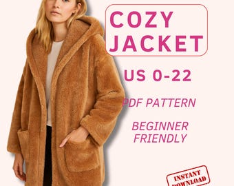 Cartamodello facile per giacca oversize da donna, giacca con cappuccio e revers per principianti, cappotto invernale in pile fai da te per Natale, regalo per lei