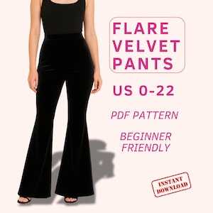 Op de afbeelding: Zwarte fluwelen flared broek met hoge taille, gecombineerd met een zwarte tanktop. De afbeelding bevat de tekst "FLARE VELVET PANTS US 0-22 PDF PATTERN BEGINNER FRIENDLY INSTANT DOWNLOAD."