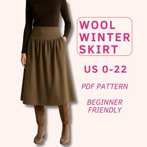 Könnte beinhalten: Brauner Woll-Winterrock mit hoher Taille und Taschen. Der Rock ist knielang und wird mit braunen Stiefeln und einem langärmeligen braunen Oberteil kombiniert. Der Text auf dem Bild lautet "WOOL WINTER SKIRT US 0-22 PDF PATTERN BEGINNER FRIENDLY."