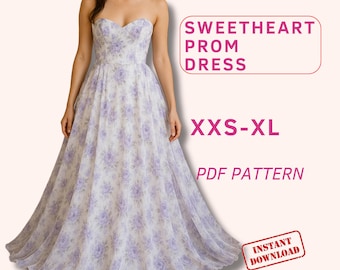 Maxi corset dress pattern, Evening strapless gown pattern, formal dress pattern, prom dress pattern for beginners, bridesmaid dress pattern