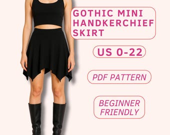 Goth handkerchief skirt pattern for beginners, mini skirt sewing pattern, halloween sewing pattern, short skirt pdf sewing patterns