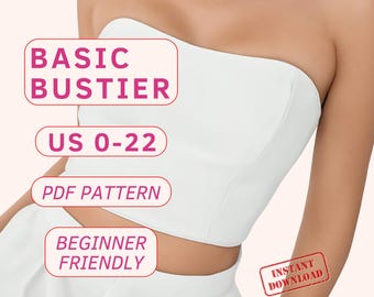 Straight neckline bustier sewing pattern, basic corset pattern with boning, beginner friendly corset top, easy strapless crop top pattern