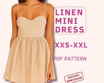 Mini dress sewing pattern with gatered skirt, Sundress dress with spaghetti straps for beginners, linen bustier with cups dress pdf pattern