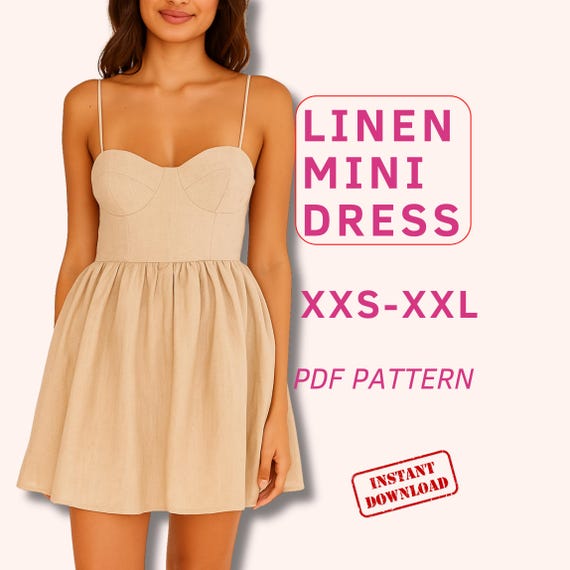 Mini Dress Sewing Pattern With Gatered Skirt, Sundress Dress With Spaghetti  Straps for Beginners, Linen Bustier With Cups Dress Pdf Pattern - Etsy