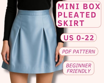 May include: A light blue mini box pleated skirt. The skirt has a high waist and a flared silhouette. The image also includes text that says "MINI BOX PLEATED SKIRT", "US 0-22", "PDF PATTERN", and "BEGINNER FRIENDLY".