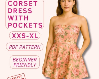 Corset dress with pockets pattern for beginners, easy strapless dress pattern, skater dress pdf sewing patterns, prom mini dress  pattern