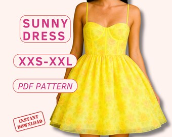 Könnte beinhalten: Ein leuchtend gelbes Kleid mit floralem Muster, Spaghettiträgern und einem figurbetonten Oberteil. Das Kleid hat einen ausgestellten Rock und ist mit "Sunny Dress" mit der Größenangabe XXS-XXL versehen. Das Bild enthält auch den Text "PDF Pattern" und "Instant Download".