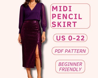 Pencil Midi skirt sewing pattern, elegant formal skirt with a slit, christmas dinner skirt pattern for beginners, evening skirt pdf pattern