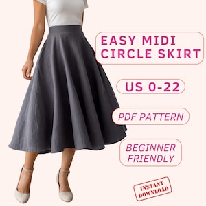 Op de afbeelding: Een grijze midi-cirkelrok met een hoge taille. De rok is gemaakt van een zachte, vloeiende stof en is perfect voor een casual of chique gelegenheid. De afbeelding bevat de tekst "Easy Midi Circle Skirt", "US 0-22", "PDF Pattern", "Beginner Friendly" en "Instant Download".