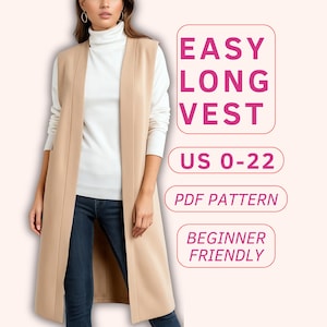 Molde fácil para colete comprido para iniciantes, molde de jaqueta sem mangas, molde em PDF de cardigã longo de inverno, molde de jaqueta feminina.