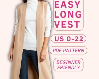 Easy long vest sewing pattern for beginners, sleeveless jacket pattern, long winter cardigan pdf pattern, jacket sewing pattern for women