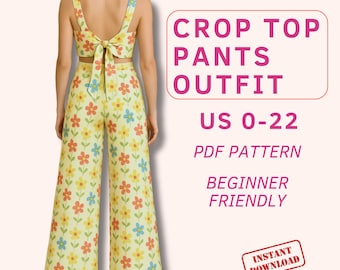 Easy summer outfit sewing pattern, tie crop top pattern, backless cotton crop top, high waist palazzo pants pattern, beginner friendly