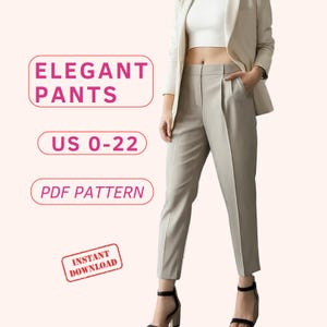 Op de afbeelding: Een PDF-patroon voor elegante broeken in de maten 34-50. Het patroon is direct te downloaden. De afbeelding toont een model dat een beige broek draagt.