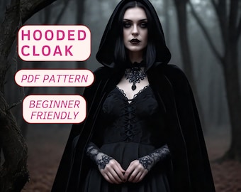 Easy hooded cloak sewing pattern, cape sewing pattern for beginners, witchy halloween cape pattern, halloween costume pdf sewing pattern