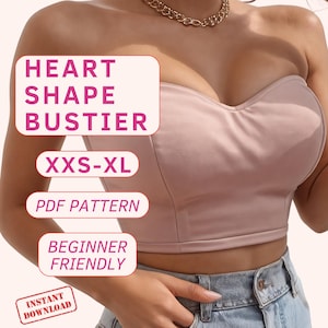 Sweetheart neckline bustier sewing pattern, heart shape corset pattern, beginner friendly corset pattern, easy strapless crop top pattern