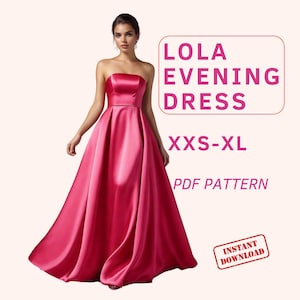 Maxi corset dress sewing pattern, Evening strapless gown pattern, floor length wedding guest dress, prom satin dress, flowy summer dress