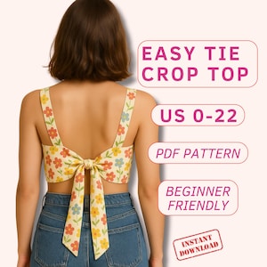 Easy tie crop top sewing pattern,back tie bustier summer top pdf, backless cotton crop top, beginner friendly top pattern, tank top pattern