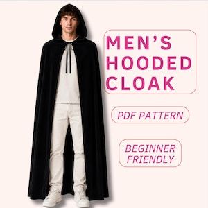 Mens hooded cloak sewing pattern, cape sewing pattern for beginners, wizard cloak pattern for men, halloween costume pdf sewing pattern