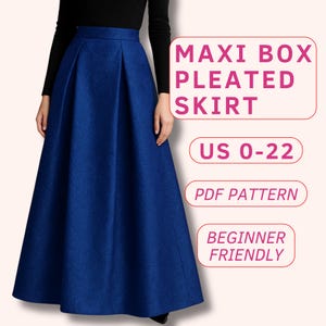 以下が含まれることがあります： 鮮やかなブルーのマキシ丈ボックスプリーツスカート。スカートは、ボックスプリーツが施された、ふっくらとしたシルエットです。画像には「US 0-22」、「PDF Pattern」、「Beginner Friendly」と書かれています。
