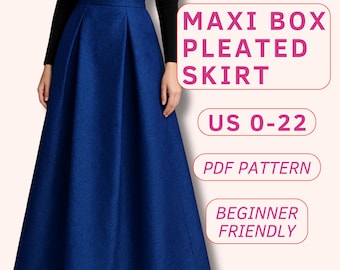 May include: A maxi box pleated skirt in a vibrant blue hue. The skirt features a full, flowing silhouette with deep pleats. The image includes text that reads "US 0-22", "PDF Pattern", and "Beginner Friendly".
