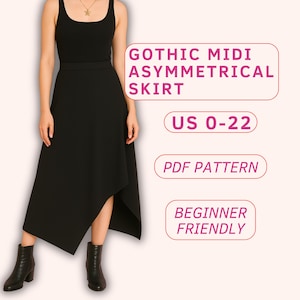 Puede incluir: Una falda asimétrica gótica midi negra con un dobladillo asimétrico único. La falda se combina con una camiseta sin mangas negra y botines negros. La imagen incluye el texto "Gothic Midi Asymmetrical Skirt", "US 0-22", "PDF Pattern" y "Beginner Friendly".