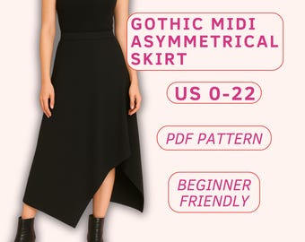 Gothic asymmetrical skirt pattern for beginners, midi skirt pattern for women, asymmetric skirt pdf sewing patterns, wool skirt pattern
