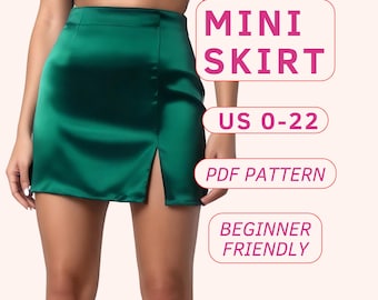 Satin slit mini skirt sewing pattern, beginner friendly high waist pencil skirt, easy summer mini slip skirt pattern, fitted mini skirt sew