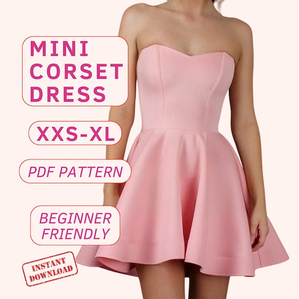 Sweetheart bustier skater dress pdf sewing pattern, corset dress pattern, skater dress pattern, easy short dress pattern, evening dress pdf