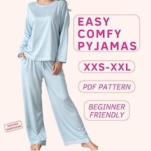 Easy pyjama sewing pattern for women, comfy pyjamas with pockets for beginners, loungewear pdf sewing patterns, holiday relaxed fit pyjamas