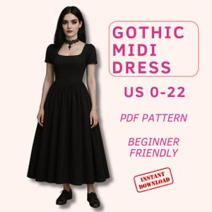 Pode incluir: Um vestido midi preto com decote quadrado e mangas curtas. O vestido tem um corpete justo e uma saia rodada. A imagem inclui o texto "Gothic Midi Dress" e "US 0-22".