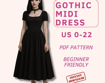 Goth midi dress pattern for beginners, wool formal dress pattern, Black goth dress pattern, easy dress with sleeves pdf sewing patterns