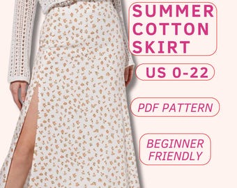 A line skirt sewing pattern for beginners, Midi skirt pattern with a slit, boho summer skirt pdf sewing patterns for women, cotton skirt