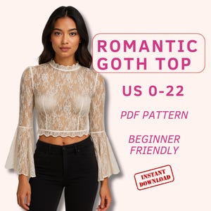Romantic goth pattern for women, long sleeve crop top sewing pattern for beginners, witchy lace top sewing pattern, bell sleeve top pdf