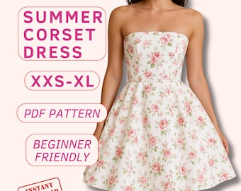Easy corset dress pdf sewing pattern, strapless summer dress pattern, printable skater dress, cottagecore mini dress, beginner dress pattern