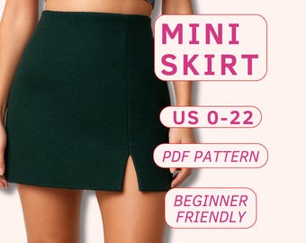Mini skirt sewing pattern, high waist pencil skirt pattern for beginners, satin skirt with a slit, fitted mini skirt pdf sewing patterns