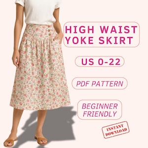 Drop waist skirt pattern, midi skirt with yoke pattern, beginner friendly skirt with pockets, easy cotton A line skirt pdf sewing pattern