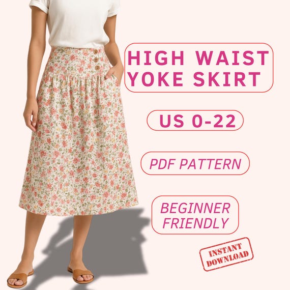 Drop waist skirt pattern for women, midi skirt with yoke sewing pattern for beginners, easy cotton A line skirt pdf sewing patterns