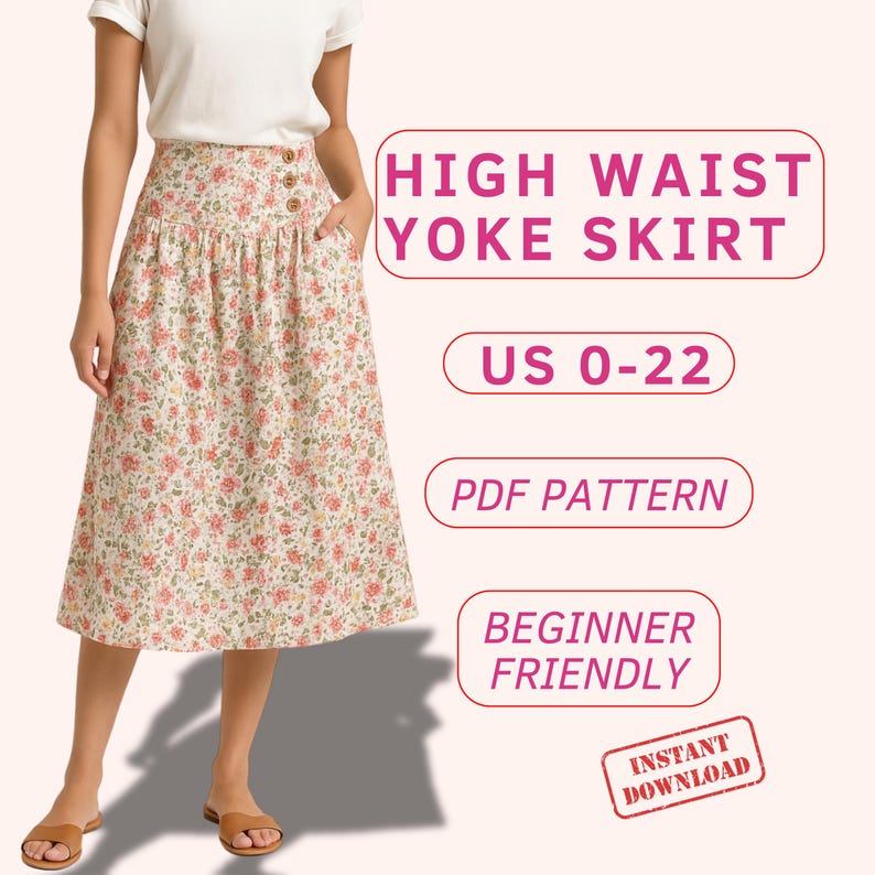 Drop waist skirt pattern, midi skirt with yoke pattern, beginner friendly skirt with pockets, easy cotton A line skirt pdf sewing pattern