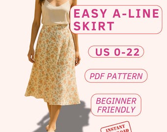 Patrón de falda línea A para principiantes, patrón de falda midi, patrón de costura en PDF para falda midi de lino, patrón de falda recta boho de verano