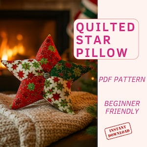 May include: A star-shaped quilted pillow with red, green, and white patterned fabric. The pillow is resting on a beige knitted blanket. Text on the image reads "Quilted Star Pillow", "PDF Pattern", "Beginner Friendly", and "Instant Download".
