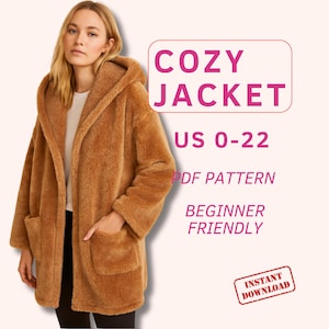 Puede incluir: Chaqueta con capucha marrón con bolsillos grandes. La chaqueta está hecha de un material suave y afelpado. El texto en la imagen dice "COZY JACKET", "US 0-22", "PDF PATTERN", "BEGINNER FRIENDLY" e "INSTANT DOWNLOAD".