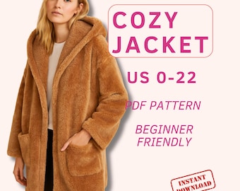 Easy oversize jacket sewing pattern for women, jacket with lapel hood for beginners, diy fleece cozy winter coat for christmas, gift for her