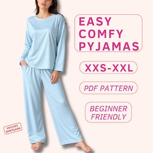May include: A light blue long-sleeve pajama set with a crew neck top and wide-leg pants. Text on the image reads: EASY COMFY PYJAMAS, XXS-XXL, PDF PATTERN, BEGINNER FRIENDLY, and INSTANT DOWNLOAD. The set features a simple, solid-colored design.